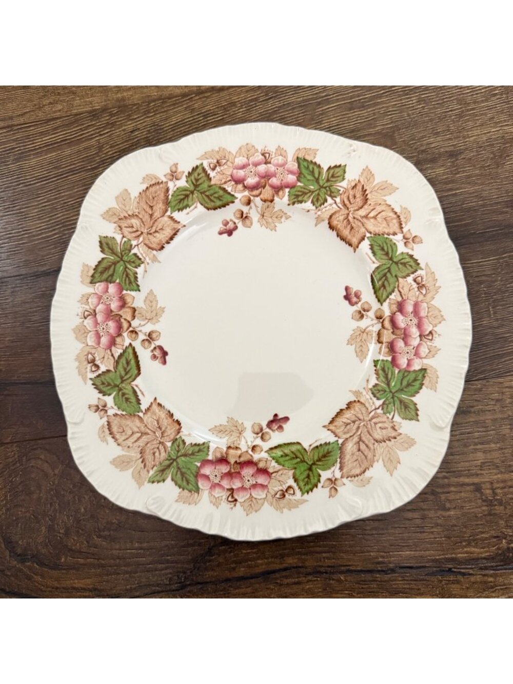 Wedgwood Wildbriar Pattern Square Luncheon Plate Pink & Brown Floral 8-3/4"